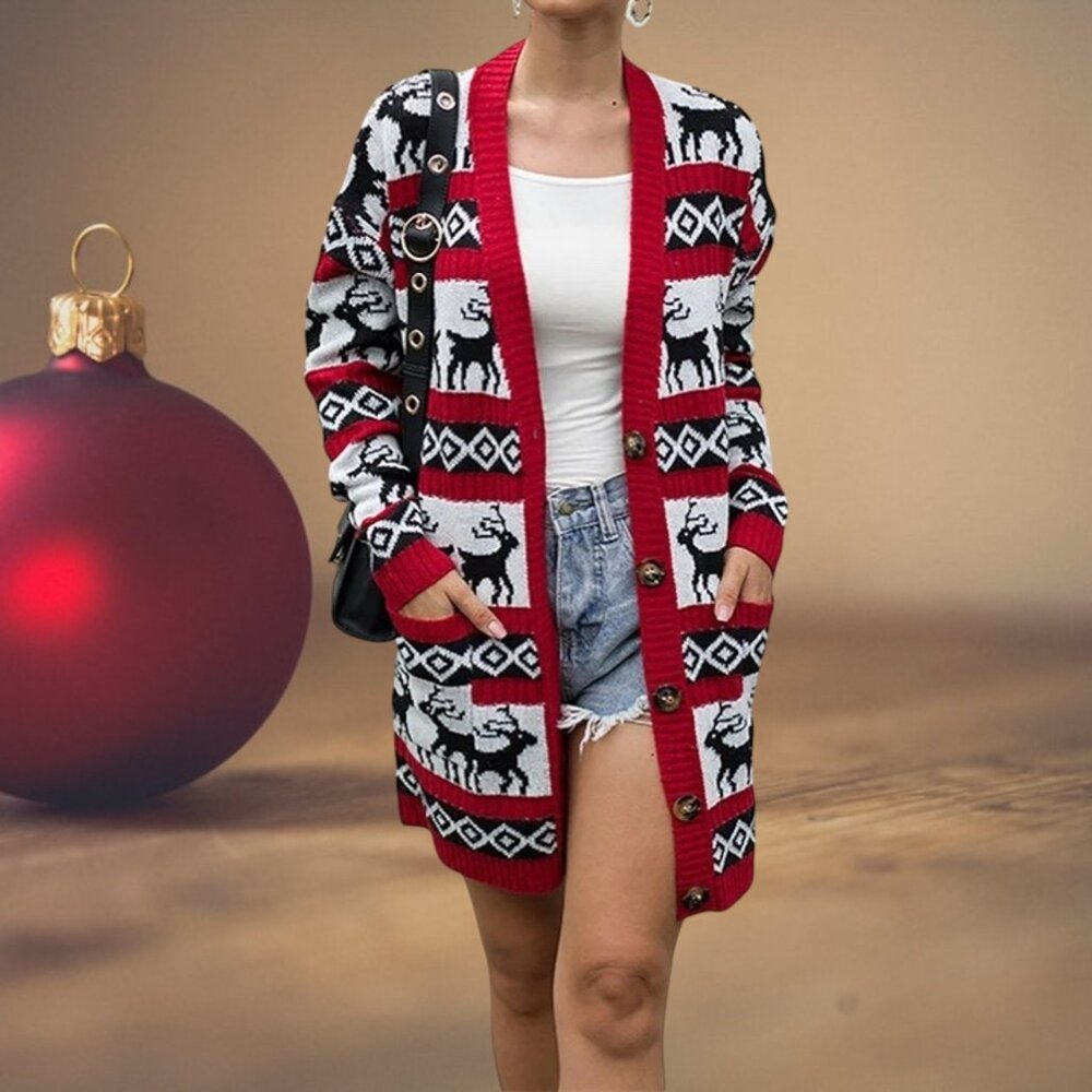 🎄V-Neck Button Down Oversized Christmas Reindeer Cardigan – Cotton Knit  Size M